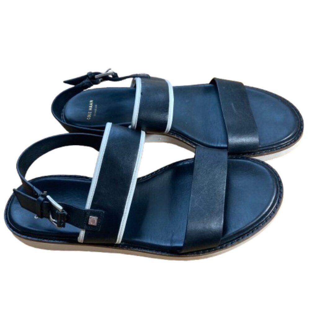 Cole Haan Black Leather Two Band Slingback Flat Sandals Contrast White Trim, 8.5 - Picture 6 of 9